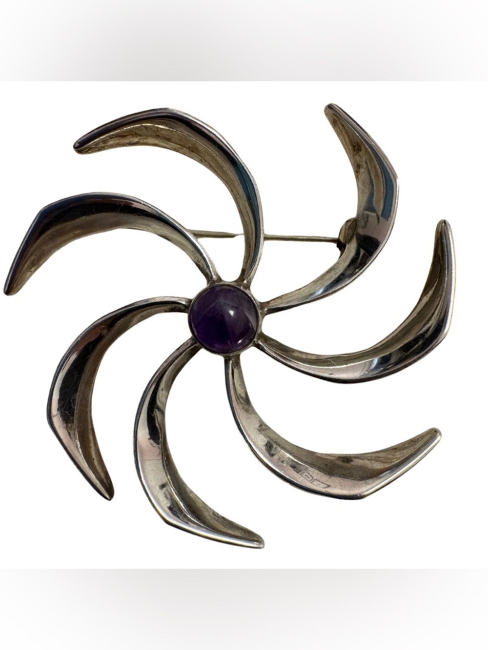 Vintage (MCM) Sterling Silver Swirl Brooch with Amethyst Centre – 2” diameter